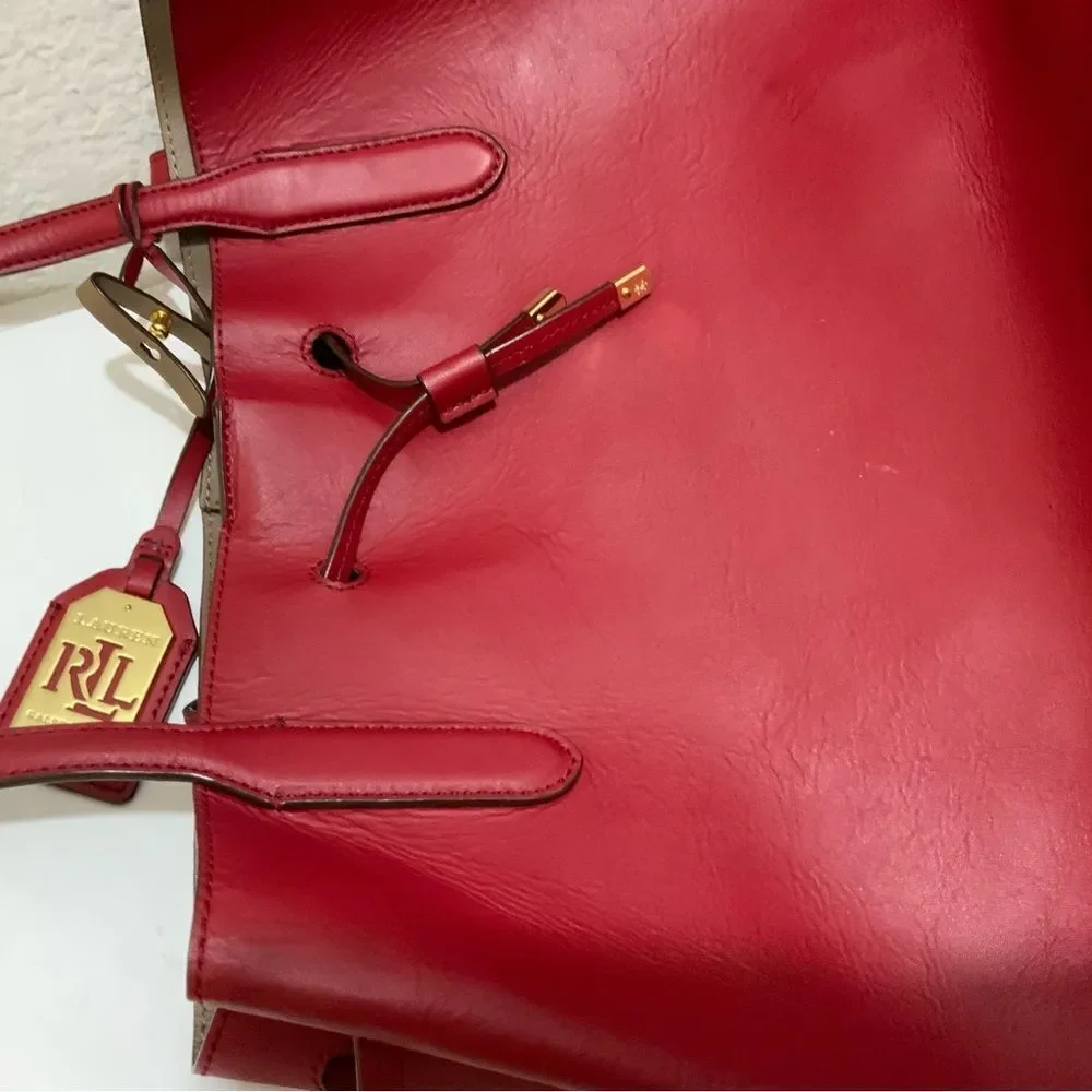 Ralph Lauren Red Leather Tote drawstring open top - Picture 7 of 11